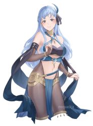 Rule 34 | 1girl, alternate costume, alternate hairstyle, artist name, bandeau, bare shoulders, black ribbon, blue hair, blue nails, blush, bracelet, breasts, bridal gauntlets, brooch, brown eyes, cleavage, commentary, commission, cosplay, cowboy shot, criss-cross halter, feather hair ornament, feathers, fire emblem, fire emblem: three houses, fire emblem heroes, hair ornament, hair ribbon, halterneck, highres, jewelry, long hair, looking at viewer, marianne von edmund, medium breasts, midriff, moja (rainpoow), nail polish, navel, nintendo, pantyhose, pelvic curtain, ribbon, simple background, smile, solo, standing, stomach, thighlet, thighs, white background