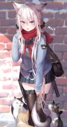Rule 34 | 1girl, 9a-91, 9a-91 (girls&#039; frontline), absurdres, animal, animal ears, assault rifle, bag, black skirt, black thighhighs, blue eyes, blush, brick wall, buttons, cardigan, cat, cat ears, cat tail, extra ears, eyelashes, girls&#039; frontline, gun, hair between eyes, hair ornament, hairclip, highres, long hair, long sleeves, open mouth, patch, paw pose, pleated skirt, pottsness, red scarf, rifle, sailor collar, scarf, school uniform, serafuku, silver hair, skirt, sleeves past wrists, solo, tail, thighhighs, weapon