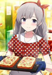 Rule 34 | 1girl, absurdres, apron, blush, bow, bowtie, braid, bread, bread slice, closed mouth, collarbone, collared shirt, commentary request, dress shirt, food, frilled apron, frills, grey hair, hair ribbon, hairband, highres, holding, idolmaster, idolmaster shiny colors, indoors, long hair, looking at viewer, low twintails, misaki nonaka, oven mitts, polka dot, polka dot shirt, puffy short sleeves, puffy sleeves, purple eyes, red bow, red bowtie, red hairband, red ribbon, red shirt, ribbon, shirt, short sleeves, sidelocks, smile, solo, toast, twin braids, twintails, waist apron, white apron, yukoku kiriko