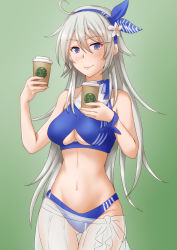 Rule 34 | 1girl, ahoge, anti (untea9), bikini, blue bikini, breasts, cowboy shot, cup, disposable cup, gradient background, green background, grey eyes, hair between eyes, highres, holding, holding cup, kantai collection, large breasts, long hair, looking at viewer, navel, official alternate costume, sarong, see-through, see-through sarong, silver hair, smile, solo, swimsuit, underboob, washington (kancolle)