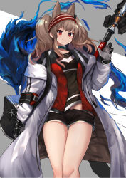 Rule 34 | 1girl, angelina (arknights), animal ears, arknights, bag, black shirt, black shorts, brown hair, choker, coat, commentary request, cowboy shot, fox ears, gloves, grey background, grey coat, hairband, hand up, highres, long hair, looking at viewer, midriff peek, open clothes, open coat, originium arts (arknights), red eyes, red hairband, shirt, short shorts, shorts, smile, solo, staff, standing, thighs, twintails, yoshizawa tsubaki