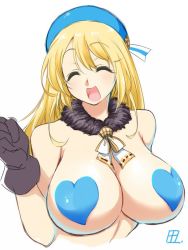 Rule 34 | 10s, 1girl, atago (kancolle), beret, blonde hair, breasts, closed eyes, gloves, hat, heart pasties, huge breasts, kantai collection, large breasts, long hair, open mouth, pasties, simple background, smile, solo, tajima yuuki, white background