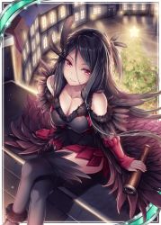Rule 34 | 1girl, akkijin, black dress, black hair, breasts, card (medium), christmas, christmas lights, christmas tree, dress, feathers, hair ornament, looking at viewer, medium breasts, outdoors, red eyes, shinkai no valkyrie, sitting, solo, star (symbol), telescope, thighhighs, town