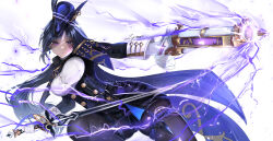 Rule 34 | 1girl, absolution (genshin impact), absurdres, arm up, black hair, black jacket, black pantyhose, black skirt, blue background, blue hat, breasts, buttons, cape, clorinde (genshin impact), closed mouth, commentary, earrings, electricity, english commentary, epaulettes, garter belt, genshin impact, gloves, gold trim, gun, hair between eyes, hand up, handgun, hat, hat feather, hat ornament, highres, holding, holding gun, holding sword, holding weapon, iron sting (genshin impact), jacket, jewelry, large breasts, long hair, long sleeves, looking to the side, nemmori draws, open clothes, open jacket, pantyhose, ponytail, purple cape, purple eyes, shirt, signature, simple background, skirt, solo, sword, v-shaped eyebrows, weapon, white background, white gloves, white shirt
