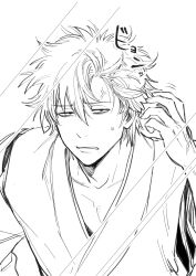 Rule 34 | 1boy, anger vein, collarbone, gintama, greyscale, hair between eyes, half-closed eyes, hand up, highres, japanese clothes, kimono, looking at viewer, male focus, monochrome, parted lips, sakata gintoki, simple background, solo, sweat, upper body, uraki (tetsu420), white background