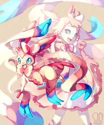 Rule 34 | :d, blue eyes, bow, commentary, fangs, gen 4 pokemon, hair bow, highres, looking at viewer, open mouth, personification, pink hair, pokemon, pokemon (creature), sa-dui, signature, smile, standing, sylveon, white bow