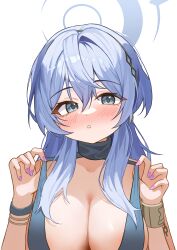 Rule 34 | 1girl, absurdres, ako (blue archive), ako (dress) (blue archive), alpha beast, black hairband, blue archive, blue dress, blue eyes, blue hair, blue halo, blush, breasts, cleavage, cuffs, dress, fingernails, hair between eyes, hairband, halo, handcuffs, highres, large breasts, long hair, nail polish, official alternate costume, parted lips, purple nails, sideboob, simple background, sleeveless, sleeveless dress, solo, upper body, white background