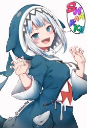 Rule 34 | 1girl, absurdres, animal hood, blue eyes, blue hair, blue hoodie, blush, claw pose, commentary request, english text, from side, gawr gura, gawr gura (1st costume), highres, hololive, hololive english, hood, hoodie, long sleeves, looking at viewer, looking to the side, multicolored hair, open mouth, shark hood, sharp teeth, simple background, smile, solo, speech bubble, streaked hair, takahan, teeth, twitter username, two-tone hair, upper body, virtual youtuber, white background, white hair