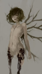 Rule 34 | 1girl, bone, breasts, female focus, grey background, guro, navel, nipples, original, pussy, short hair, simple background, small breasts, solo, stitched mouth, stitches, tubansan, uncensored, zombie