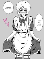 Rule 34 | 1boy, apron, blush, closed mouth, clothes lift, collar, crossdressing, eliixar, embarrassed, english text, heart, heart-shaped pupils, highres, maid, male focus, monochrome, original, puffy sleeves, ribbon, short hair, skirt, skirt lift, symbol-shaped pupils, thighhighs, thighs, trap