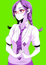 Rule 34 | 1girl, braid, glasses, necktie, original, pochi (pochi-goya), purple eyes, purple hair, school uniform, solo, sweater vest, twin braids