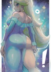 Rule 34 | !, 1girl, absurdres, ass, backboob, bare shoulders, blonde hair, blue dress, blue eyes, blue lips, border, breasts, dress, earrings, eyelashes, frilled sleeves, frills, heart, highres, jewelry, large breasts, light blue dress, long hair, looking at viewer, looking back, mario (series), nintendo, paid reward available, rosalina, side slit, solo, spoken heart, standing, star (sky), strapless, strapless dress, super mario galaxy, thighs, tony welt, white border