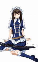 Rule 34 | 00s, 1girl, arm support, arrow (projectile), blue dress, blue footwear, boots, bow (weapon), brown eyes, brown hair, dress, earrings, female focus, ikkitousen, jewelry, legs, long hair, looking at viewer, magatama, magatama earrings, ribbon, simple background, sitting, solo, ten&#039;i (ikkitousen), weapon, white background, white ribbon