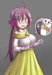 Rule 34 | 1girl, absurdres, ahoge, akebono (kancolle), bell, blush, breast padding, collarbone, failure penguin, grey background, hair bell, hair between eyes, hair ornament, highres, jingle bell, kantai collection, long hair, long sleeves, miss cloud, official alternate costume, open mouth, purple eyes, purple hair, side ponytail, simple background, skirt, solo, yellow skirt, yuki to hana