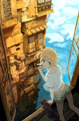 Rule 34 | 1girl, blonde hair, blue eyes, blue sky, brushing teeth, building, cat, city, cityscape, cloud, cloudy sky, day, flying whale, leaning, loose clothes, loose shirt, maij, ocean, original, outdoors, railing, scenery, shirt, short hair, shorts, sky, skyscraper, solo, t-shirt, toothbrush, whale, window, windowsill