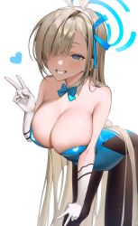 Rule 34 | absurdres, animal ears, aqua leotard, asuna (blue archive), asuna (bunny) (blue archive), blue archive, blue bow, blue bowtie, blue eyes, blue leotard, bow, bowtie, breasts, cleavage, detached collar, elbow gloves, fake animal ears, gloves, grin, hair over one eye, halo, highleg, highleg leotard, highres, kkuni, large breasts, leaning forward, leotard, light brown hair, mole, mole on breast, pantyhose, playboy bunny, rabbit ears, smile, strapless, strapless leotard, swept bangs, traditional bowtie, white gloves