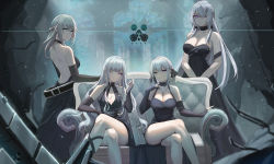 Rule 34 | 4girls, absurdres, ak-12 (girls&#039; frontline), ak-15 (girls&#039; frontline), an-94 (girls&#039; frontline), arm support, armlet, backless dress, backless outfit, bare shoulders, braid, breasts, changpan hutao, cleavage, closed mouth, collarbone, couch, cross, cross necklace, crossed legs, defy (girls&#039; frontline), dress, earrings, elbow gloves, evening gown, french braid, girls&#039; frontline, gloves, glowing, glowing eyes, green eyes, hair between eyes, hair ornament, hair over one eye, hair ribbon, hair tubes, hairclip, halterneck, highres, huge filesize, jewelry, large breasts, long hair, looking at viewer, multiple girls, necklace, one eye closed, purple eyes, ribbon, rpk-16 (girls&#039; frontline), sidelocks, silver hair, sitting, smile, standing, thighs