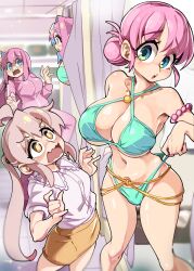 Rule 34 | 4girls, absurdres, aqua bikini, bare shoulders, bikini, blurry, blurry background, bocchi the rock!, bongfill, breasts, collarbone, commentary, criss-cross halter, crossover, cube hair ornament, curtains, dressing room, eyewear on head, gluteal fold, gotoh hitori, gotoh michiyo, hair ornament, halterneck, hands up, height difference, highres, hozuki kaede, indoors, jacket, large breasts, long hair, looking at viewer, mature female, mother and daughter, multicolored hair, multiple girls, navel, o-ring, onii-chan wa oshimai!, open mouth, oyama mahiro, pants, parted lips, pink hair, pink jacket, pink pants, puffy short sleeves, puffy sleeves, raised eyebrows, shaded face, shirt, short sleeves, skirt, standing, swimsuit, symbol-only commentary, teeth, thighs, tile floor, tiles, track jacket, track pants, track suit, two-tone hair, underboob, upper teeth only, wavy mouth, white-framed eyewear, yellow skirt