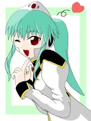 Rule 34 | 00s, 1girl, galaxy angel, green hair, happy, heart, high ponytail, index finger raised, long hair, looking at viewer, one eye closed, open mouth, ponytail, red eyes, simple background, smile, solo, tagme, vanilla h, wink