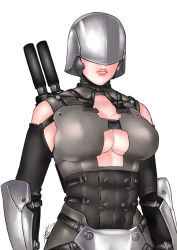 Rule 34 | 1girl, armor, bad id, bad pixiv id, breasts, cleavage, covered eyes, faceless, faceless female, helmet, helmet over eyes, kusagami style, large breasts, lips, original, signature, simple background, solo, white background