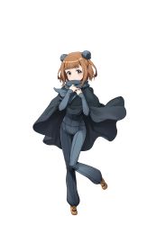 Rule 34 | 1girl, beatrice (princess principal), black cape, blunt bangs, brown eyes, brown footwear, brown hair, bun cover, cape, double bun, full body, hair bun, hand up, highres, looking at viewer, official art, princess principal, princess principal game of mission, shoes, solo, standing, transparent background