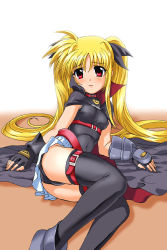 Rule 34 | 00s, 1girl, :o, arm support, armor, ass, belt, belt bra, belt skirt, black gloves, black panties, black thighhighs, blonde hair, blush, breasts, brown background, buckle, cape, covered erect nipples, covered navel, embarrassed, fat mons, fate testarossa, fate testarossa (lightning form), fingerless gloves, g-tetsu, gauntlets, gloves, gradient background, greaves, hair ribbon, halterneck, high collar, leotard, long hair, looking at viewer, lying, lyrical nanoha, magical girl, mahou shoujo lyrical nanoha, miniskirt, on side, open mouth, panties, pantyshot, parted bangs, pleated skirt, raised eyebrows, red eyes, ribbon, shadow, shoes, sidelocks, skin tight, skirt, small breasts, solo, thigh strap, thighhighs, turtleneck, twintails, underwear, vambraces, very long hair