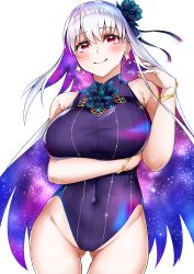 Rule 34 | 1girl, absurdres, bare shoulders, blue hair, blue one-piece swimsuit, blush, bracelet, breasts, covered navel, earrings, fate/grand order, fate (series), flower, hair flower, hair ornament, hair ribbon, highleg, highleg swimsuit, highres, jewelry, kama (fate), kama (swimsuit avenger) (fate), kama (swimsuit avenger) (third ascension) (fate), large breasts, len (hand linke), long hair, looking at viewer, lotus, multicolored hair, one-piece swimsuit, red eyes, ribbon, silver hair, star (symbol), star earrings, swimsuit, thighs, two-tone hair