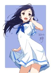 Rule 34 | 1girl, adjusting clothes, adjusting hair, blue hair, blue neckwear, brown eyes, dated, dress, hand up, highres, long hair, looking at viewer, nii manabu, open mouth, original, outside border, sailor collar, sailor dress, school uniform, short sleeves, signature, simple background, smile, solo, white dress
