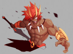Rule 34 | 1boy, abs, barbarian, tooth necklace, highres, kurdlez, maxi (varvarion), muscular, red hair, slit pupils, spiked hair, sword, vambraces, varvarion, weapon, yellow eyes