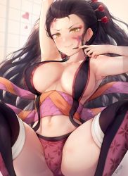 Rule 34 | 1girl, arm up, armpits, artist name, black hair, black nails, blush, breasts, cleavage, closed mouth, commentary, daki (kimetsu no yaiba), demon girl, english commentary, facial mark, fingernails, highres, kimetsu no yaiba, kimoshi, large breasts, long hair, looking at viewer, mixed-language commentary, nail polish, navel, panties, purple panties, sharp fingernails, smile, solo, spread legs, thighhighs, thighs, underwear, yellow eyes