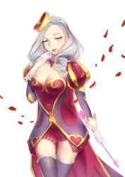 Rule 34 | 1girl, alternate costume, arrow (projectile), ashe (league of legends), blue eyes, breasts, cape, cleavage, feng dai hr, finger to mouth, frilled thighhighs, frills, heart, heartseeker ashe, league of legends, long hair, looking at viewer, petals, silver hair, smile, solo, thigh gap, thighhighs, zettai ryouiki