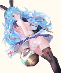 Rule 34 | 1girl, animal ears, aritsuno, ass, bare shoulders, belt, black gloves, blue hair, blue skirt, blush, breasts, brown eyes, rabbit ears, butt crack, commentary, dutch angle, earrings, erune, ferry (granblue fantasy), from behind, gloves, granblue fantasy, highres, holding, holding weapon, jewelry, long hair, looking at viewer, loose belt, medium breasts, panties, sideboob, simple background, skirt, small breasts, solo, thighhighs, underwear, wavy hair, weapon, white panties, wind, wind lift, yellow eyes
