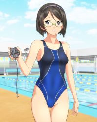 Rule 34 | 1girl, absurdres, alternate breast size, black eyes, black hair, blue hairband, blue sky, blue one-piece swimsuit, cloud, competition swimsuit, cowboy shot, day, glasses, green-framed eyewear, hairband, highres, kantai collection, kirishima (kancolle), looking at viewer, one-piece swimsuit, outdoors, pool, short hair, sky, solo, standing, stopwatch, swimsuit, takafumi, watch