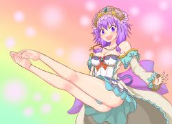 Rule 34 | 1girl, barefoot, breasts, feet, headdress, highres, jewelry, light purple hair, long hair, looking at viewer, necklace, off shoulder, open mouth, purple eyes, toes, voiceroid, yuzuki yukari