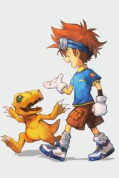 Rule 34 | agumon, blouse, blue shirt, brown eyes, brown hair, digimon, digimon (creature), digimon adventure, from side, full body, gloves, goggles, goggles on head, hungry clicker, open mouth, print shirt, shirt, shorts, simple background, smile, socks, spiked hair, teeth, upper teeth only, white background, yagami taichi