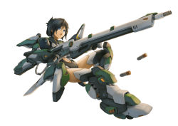 Rule 34 | 1girl, armor, bigrbear, black hair, black thighhighs, blue eyes, boots, clothing cutout, eyes visible through hair, gloves, grey thighhighs, gun, holding, holding gun, holding weapon, jet engine, jumping, leotard, machinery, mecha musume, missile, navel, navel cutout, open mouth, original, rifle, simple background, solo, thigh boots, thighhighs, two-handed, weapon, white background