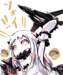 Rule 34 | 10s, 1girl, abyssal ship, ace combat, ace combat 5, ahoge, aircraft, airplane, bad id, bad twitter id, colored skin, commentary request, dress, f-14, highres, holding, horns, kantai collection, long hair, missile, missile228, mittens, northern ocean princess, pale skin, razgriz, razgriz squadron, red eyes, simple background, sleeveless, sleeveless dress, solo, translation request, white background, white dress, white hair, white skin