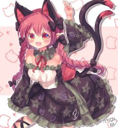 Rule 34 | 1girl, :d, adapted costume, animal ears, arm up, armpits, bare shoulders, black bow, bow, braid, cat ears, cat tail, dress, fang, floral print, forked tail, frills, hair bow, heart, highres, kaenbyou rin, kemo chiharu, long hair, nekomata, off-shoulder dress, off shoulder, open mouth, paw print, pointy ears, red eyes, red hair, smile, solo, tail, touhou, twin braids, v