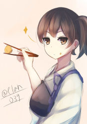 Rule 34 | 10s, 1girl, bauxite, blush, brown eyes, brown hair, chopsticks, food, food on face, japanese clothes, kaga (kancolle), kantai collection, looking at viewer, muneate, personification, plan (planhaplalan), short hair, side ponytail, solo, sparkle