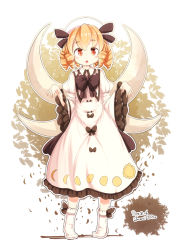 Rule 34 | 1girl, 2017, blush stickers, bow, bowtie, brown background, brown bow, brown bowtie, brown ribbon, character name, chestnut mouth, collared dress, commentary request, dated, dress, drill hair, fairy wings, frilled sleeves, frills, full body, furim, hat, hat ribbon, heel up, highres, juliet sleeves, leaf, leaf background, long sleeves, looking at viewer, luna child, moon phases, moon print, open mouth, orange eyes, orange hair, puffy sleeves, ribbon, ribbon-trimmed legwear, ribbon trim, side drill, signature, socks, solo, standing, sun print, tareme, thick eyebrows, tongue, touhou, two-tone background, white background, white dress, white hat, white socks, wide sleeves, wings
