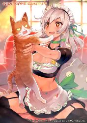 Rule 34 | + +, 1girl, ahoge, animal, apron, black shirt, black skirt, black thighhighs, breasts, carrying, cat, choker, cleavage, commentary request, copyright name, copyright notice, couch, crop top, drooling, earrings, garter straps, girl cafe gun, hair ribbon, highres, jewelry, large breasts, lida romero, long hair, maid, maid apron, maid headdress, midriff, miniskirt, mouth drool, navel, on couch, open mouth, red eyes, ribbon, ribbon choker, shirt, short sleeves, silver hair, sitting, skirt, solo, sparkling eyes, stomach, sunlight, super zombie, thighhighs, waist apron, watermark, window, zettai ryouiki