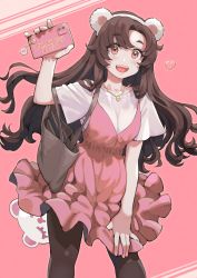 Rule 34 | 1girl, animal ears, bag, bear ears, breasts, brown hair, cellphone, cellphone charm, charm (object), commentary, commission, dress, english commentary, english text, fake animal ears, handbag, heart, highres, holding, holding phone, jewelry, jun (navigavi), long hair, looking at viewer, necklace, open mouth, original, pantyhose, phone, pink background, pink dress, sharp teeth, shirt, skeb commission, smartphone, solo, teeth, thank you, white shirt