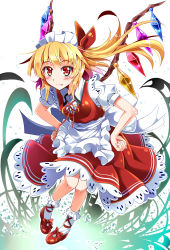Rule 34 | 1girl, adapted costume, alternate costume, apron, blonde hair, blush, bobby socks, dress, e.o., enmaided, fang, fang out, flandre scarlet, hair ribbon, hands on own hips, highres, legs together, looking at viewer, maid, maid apron, maid headdress, mary janes, pigeon-toed, red eyes, ribbon, shoes, side ponytail, smile, socks, solo, touhou, wings