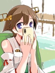 Rule 34 | 1girl, blush, brown hair, cellphone, covering face, covering own mouth, detached sleeves, hair between eyes, headgear, hiei (kancolle), hiei kai ni (kancolle), indoors, kanoe soushi, kantai collection, looking at viewer, nontraditional miko, phone, purple eyes, ribbon-trimmed sleeves, ribbon trim, short hair, solo, spoken blush, twitter username, upper body