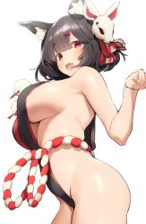 Rule 34 | 1girl, :d, animal ear fluff, animal ears, azur lane, black hair, blush, breasts, cat ears, fang, from side, hair between eyes, highres, large breasts, looking at viewer, looking to the side, mask, mask on head, nekoshoko, open mouth, paw pose, red eyes, short hair, sideboob, simple background, skin fang, smile, solo, standing, white background, yamashiro (azur lane)