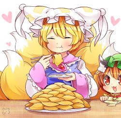 Rule 34 | 2girls, :3, aburaage, animal ears, animal hat, blonde hair, brown eyes, brown hair, cat ears, chen, chopsticks, closed eyes, commentary request, eating, food, fox tail, hat, heart, ibaraki natou, long sleeves, mob cap, multiple girls, multiple tails, open mouth, mob cap, plate, smile, table, tail, touhou, wide sleeves, yakumo ran