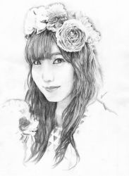 Rule 34 | 1girl, absurdres, blunt bangs, flower, graphite (medium), greyscale, head wreath, highres, looking at viewer, medium hair, monochrome, portrait, real life, realistic, rose, signature, solo, traditional media, uchida aya, voice actor, waraliver