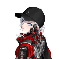 Rule 34 | 1girl, animification, apex legends, baseball cap, black hat, blue eyes, breasts, fingerless gloves, gloves, grey gloves, grey hair, hair behind ear, hair between eyes, hat, jacket, looking at viewer, medium breasts, official alternate costume, red jacket, sayo (user umup5874), simple background, solo, street smart wraith, sword, weapon, weapon on back, white background, wraith (apex legends)