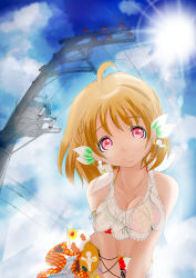 Rule 34 | 1girl, absurdres, anchor earrings, arm ribbon, artist name, artist request, bare shoulders, bikini, blue sky, blush, breasts, cleavage, cloud, collarbone, day, earrings, female focus, frilled bikini, frills, hair ornament, highres, jewelry, leaf hair ornament, looking at viewer, love live!, love live! school idol festival, love live! sunshine!!, medium breasts, orange hair, outdoors, parted lips, red eyes, ribbon, short hair, sky, smile, solo, star (symbol), star earrings, striped bikini, striped clothes, swimsuit, takami chika, to.kin, to.kin (pixiv17455259), yellow bikini