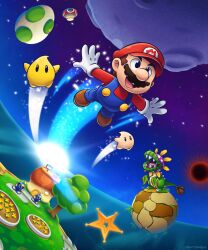 Rule 34 | 1boy, :d, artist name, asteroid, black eyes, black hole, blue overalls, blue pants, brown footwear, brown hair, buttons, commentary, dino piranha, english commentary, facial hair, flower, flying, full body, gloves, grass, hat, highres, house, launch star (mario), long sleeves, luma (mario), mario, mario (series), mushroom, mustache, nintendo, octoomba, open mouth, outstretched arms, overalls, pants, planet, red headwear, red shirt, sharp teeth, shirt, shoes, short hair, smile, space, sparkle, spread arms, star (sky), star (symbol), super mario galaxy, teeth, tongue, tree, vinny (dingitydingus), warp pipe, white gloves, yellow flower, yoshi egg